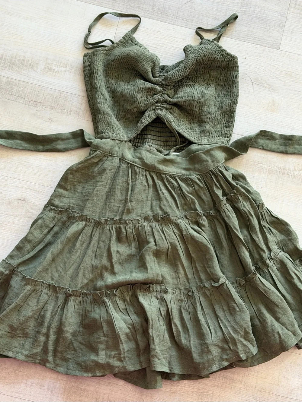 Olive Green Tiered Dress with Smocked Bodice - Kids